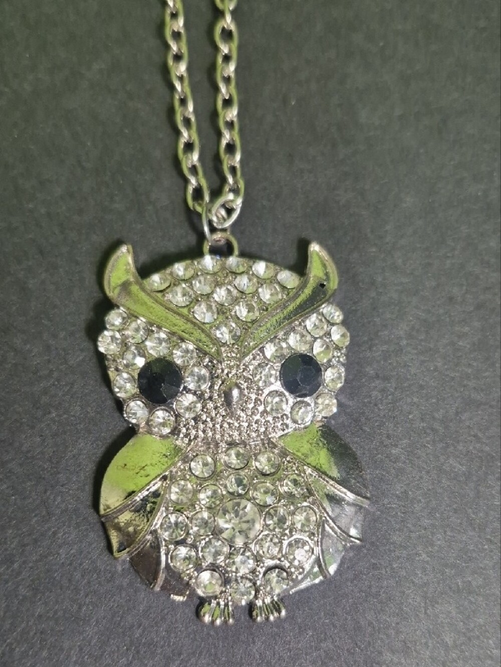 Owl Pendant 19" In. Necklace in Silver Tone with Rhinestones - Picture 2 of 4